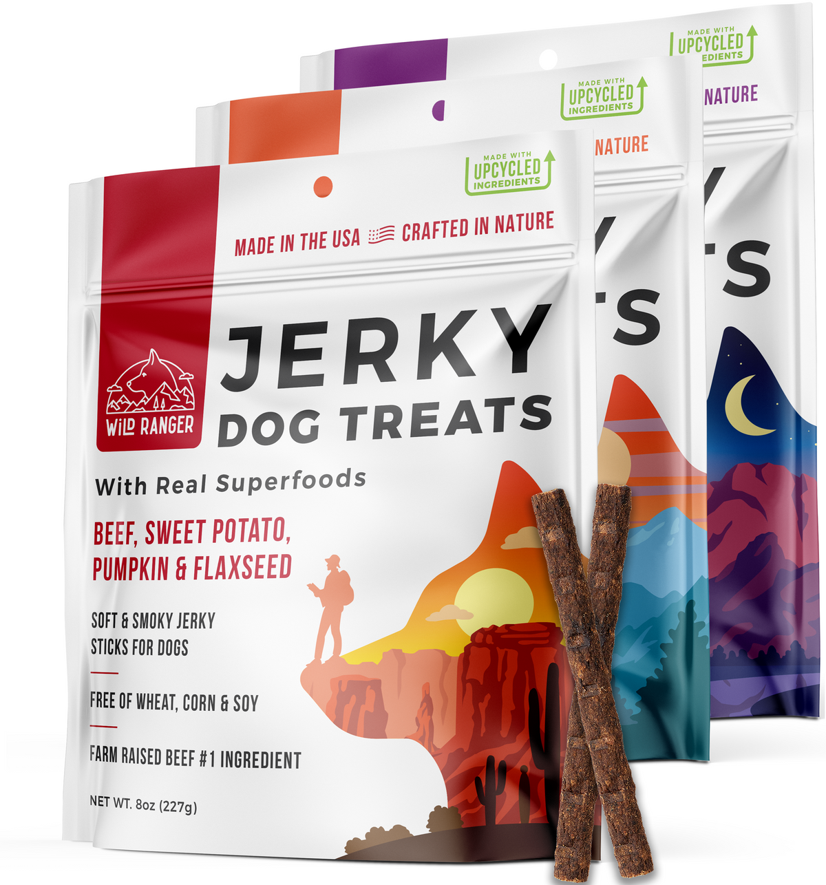 Wild Ranger Jerky Dog Treats - Beef, Duck, and Chicken Superfood Variety Pack - 3 Bags (1.5 LBS)