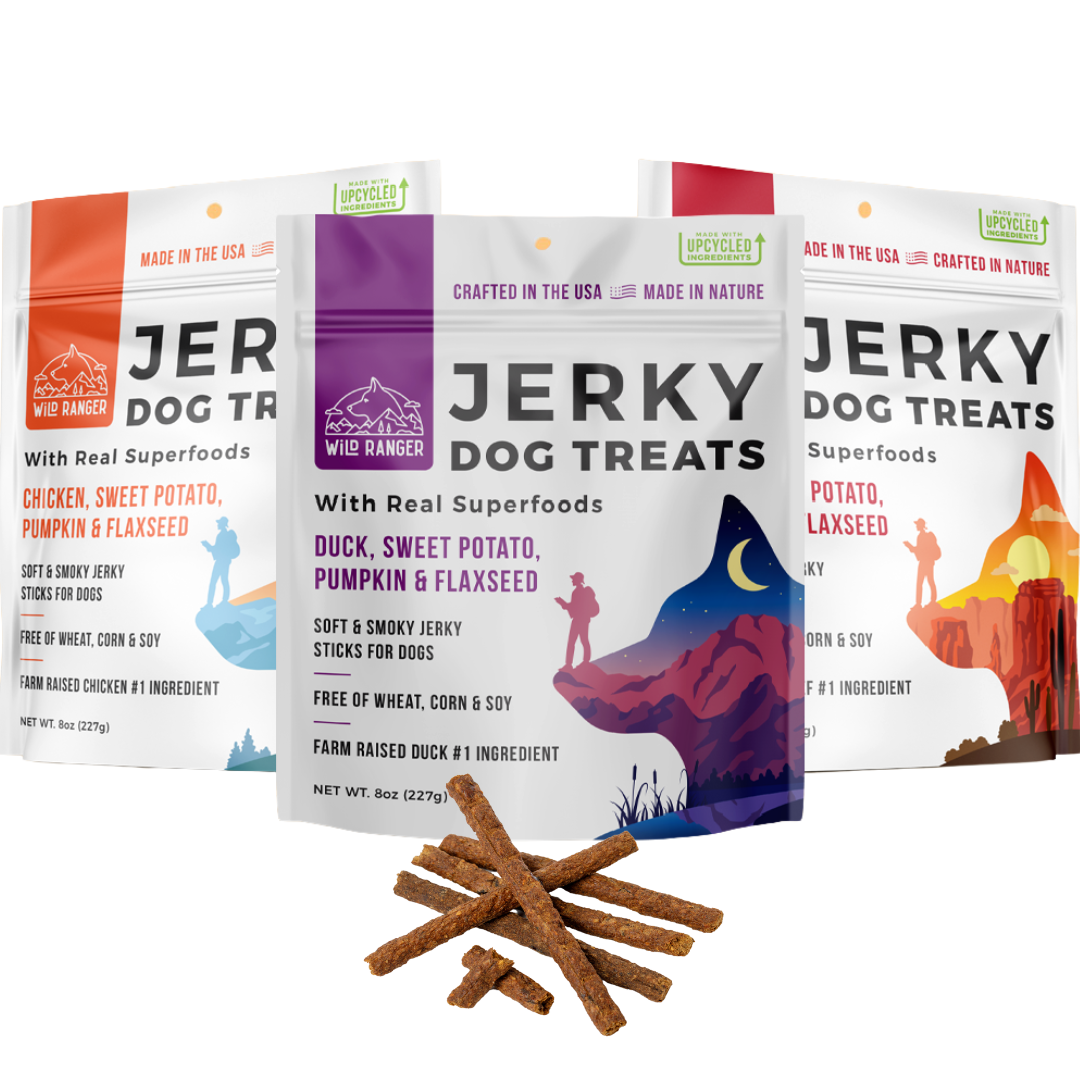 Wild Ranger Jerky Dog Treats Ambassador 3-Pack - Chicken, Beef, and Duck Jerky with Superfoods (1.5lbs)